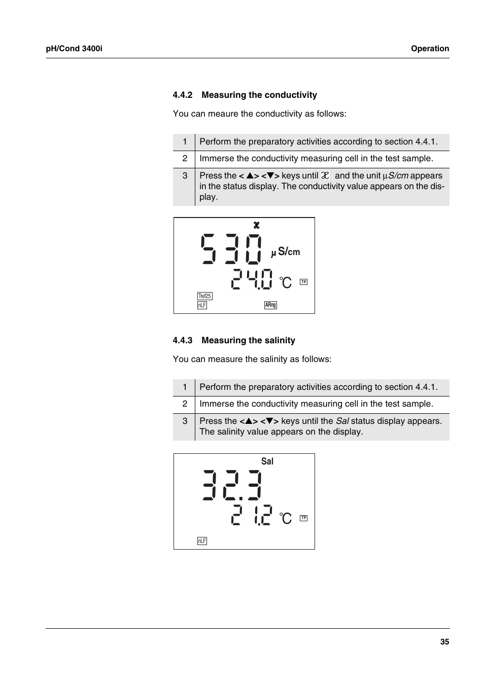 2 measuring the conductivity, 3 measuring the salinity, Measuring the conductivity | Measuring the salinity | Xylem MULTI 3400i pH/Cond MULTI-PARAMETER METERS User Manual | Page 35 / 83