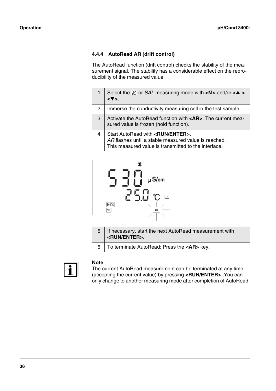 4 autoread ar (drift control), Autoread ar (drift control) | Xylem MULTI 3400i pH/Cond MULTI-PARAMETER METERS User Manual | Page 36 / 83