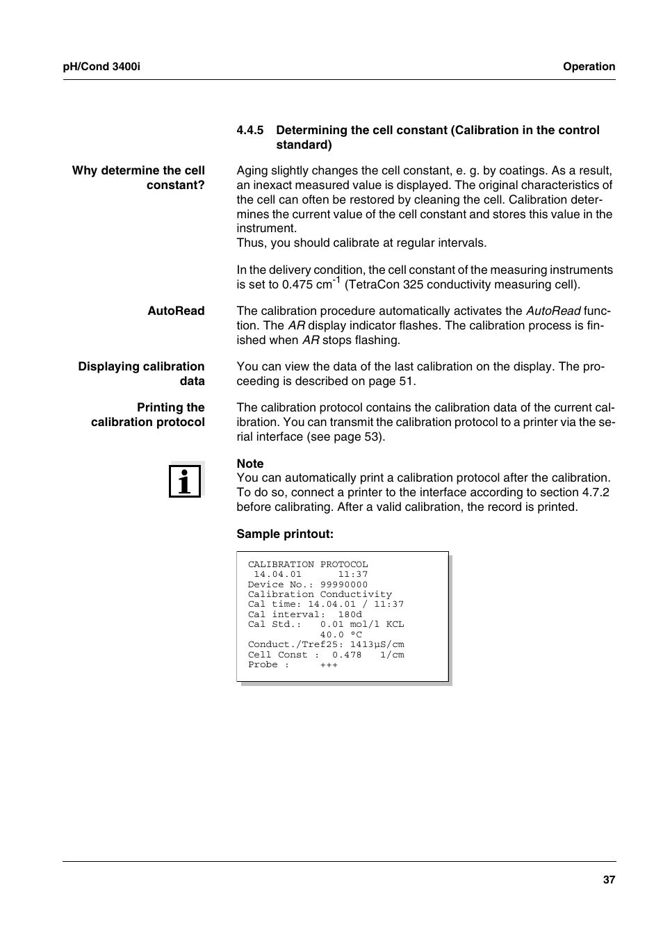 Section 4.4.5), To section 4.4.5 d, Etermining | Cell, Constant, Alibration, Control, Standard | Xylem MULTI 3400i pH/Cond MULTI-PARAMETER METERS User Manual | Page 37 / 83