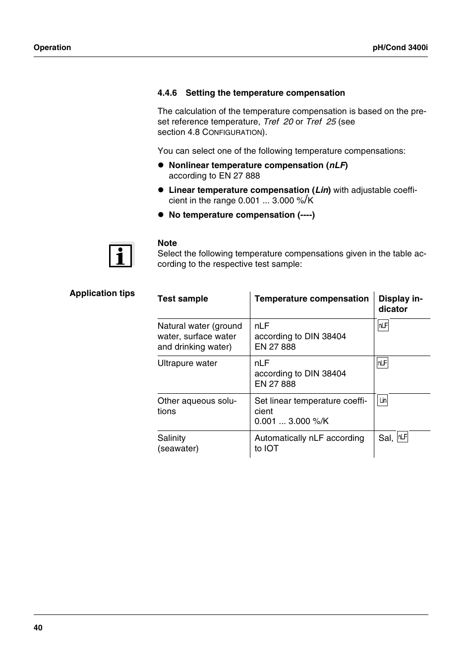 6 setting the temperature compensation, Setting the temperature compensation | Xylem MULTI 3400i pH/Cond MULTI-PARAMETER METERS User Manual | Page 40 / 83