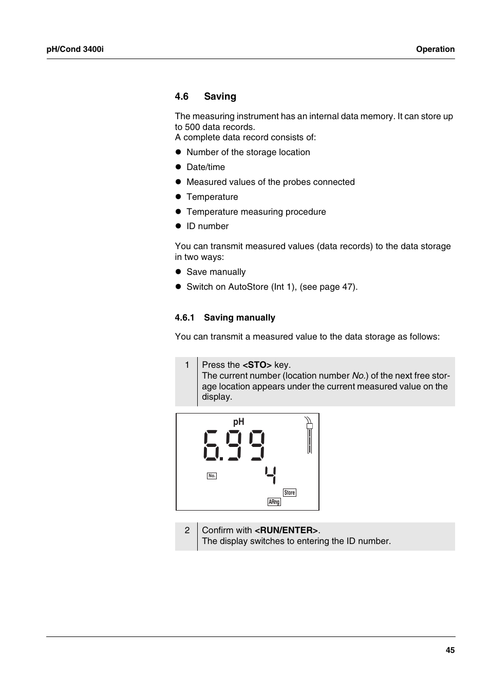 6 saving, 1 saving manually, Saving 4.6.1 | Saving manually | Xylem MULTI 3400i pH/Cond MULTI-PARAMETER METERS User Manual | Page 45 / 83