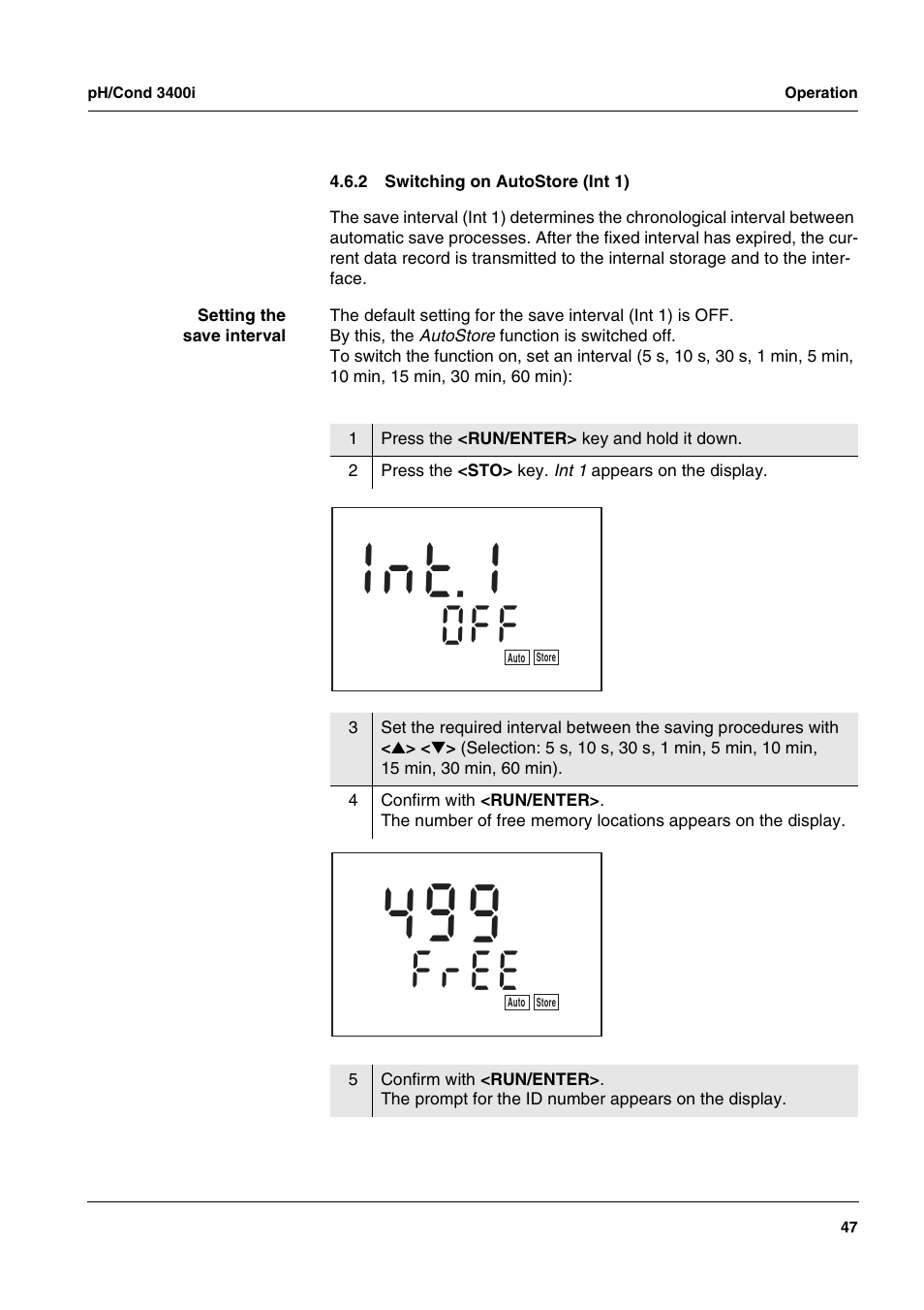 2 switching on autostore (int 1), Switching on autostore (int 1), T 1 n 1 | Xylem MULTI 3400i pH/Cond MULTI-PARAMETER METERS User Manual | Page 47 / 83