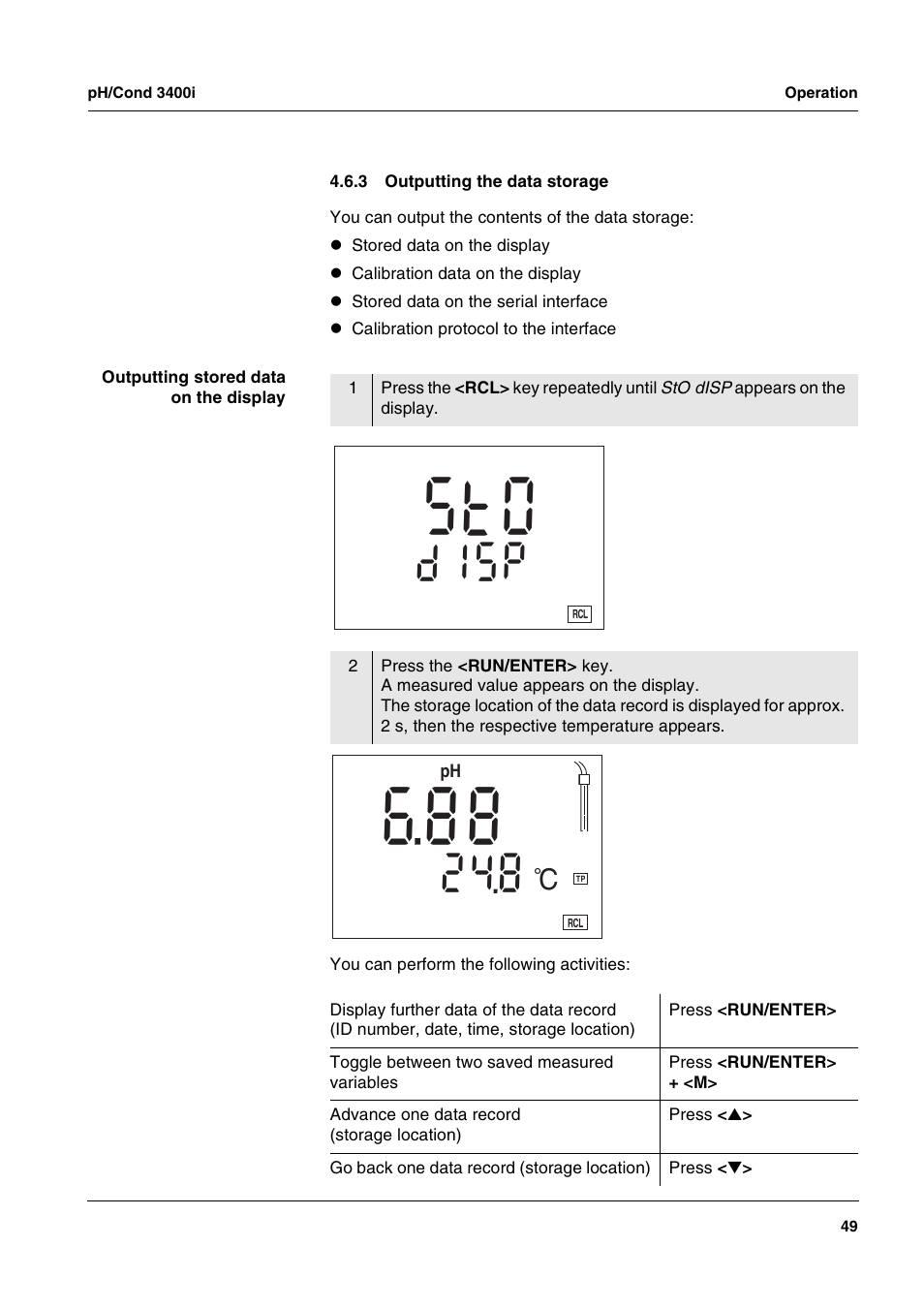 3 outputting the data storage, Outputting the data storage, Pi s | F °c | Xylem MULTI 3400i pH/Cond MULTI-PARAMETER METERS User Manual | Page 49 / 83