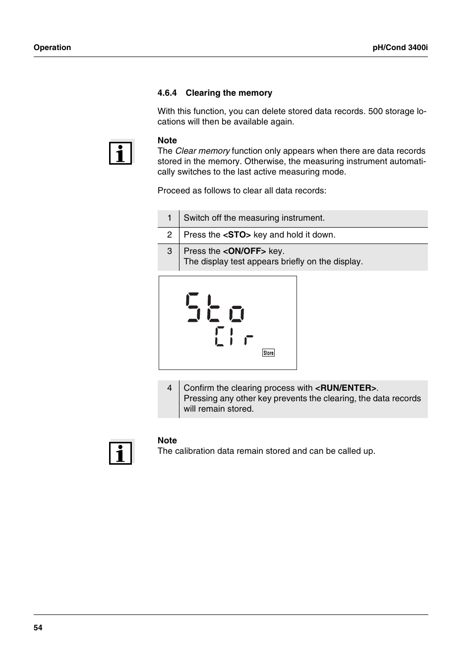 4 clearing the memory, Clearing the memory | Xylem MULTI 3400i pH/Cond MULTI-PARAMETER METERS User Manual | Page 54 / 83