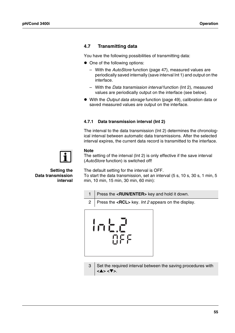 7 transmitting data, 1 data transmission interval (int 2), Transmitting data 4.7.1 | Data transmission interval (int 2), T 2 n 1 | Xylem MULTI 3400i pH/Cond MULTI-PARAMETER METERS User Manual | Page 55 / 83