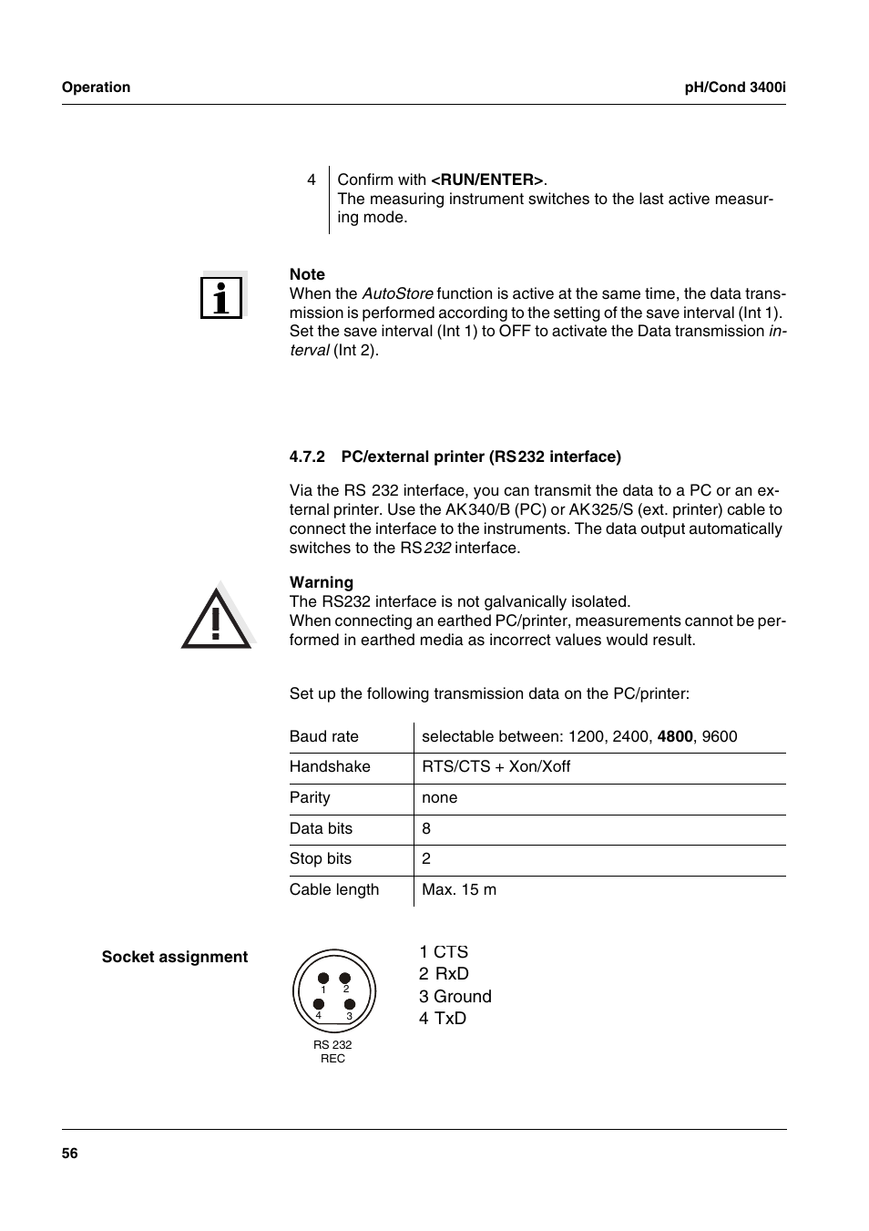 2 pc/external printer (rs232 interface), Pc/external printer (rs232 interface), Section 4.7.2 | Xylem MULTI 3400i pH/Cond MULTI-PARAMETER METERS User Manual | Page 56 / 83