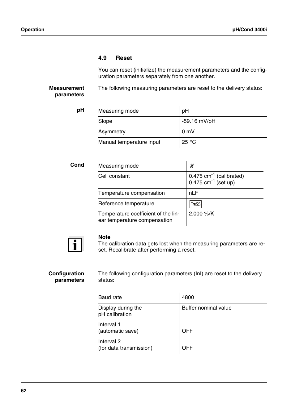 9 reset, Reset | Xylem MULTI 3400i pH/Cond MULTI-PARAMETER METERS User Manual | Page 62 / 83