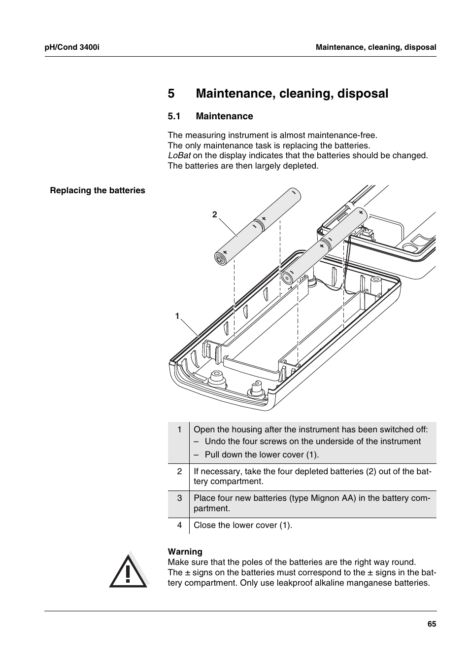 5 maintenance, cleaning, disposal, 1 maintenance, Maintenance, cleaning, disposal | Maintenance, 5maintenance, cleaning, disposal | Xylem MULTI 3400i pH/Cond MULTI-PARAMETER METERS User Manual | Page 65 / 83