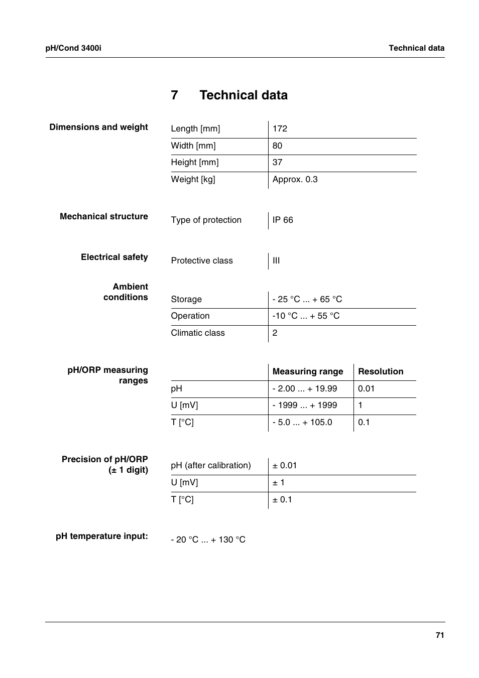 7 technical data, Technical data, Chapter 7 t | Echnical, Data, Ee chapter 7 t, 7technical data | Xylem MULTI 3400i pH/Cond MULTI-PARAMETER METERS User Manual | Page 71 / 83