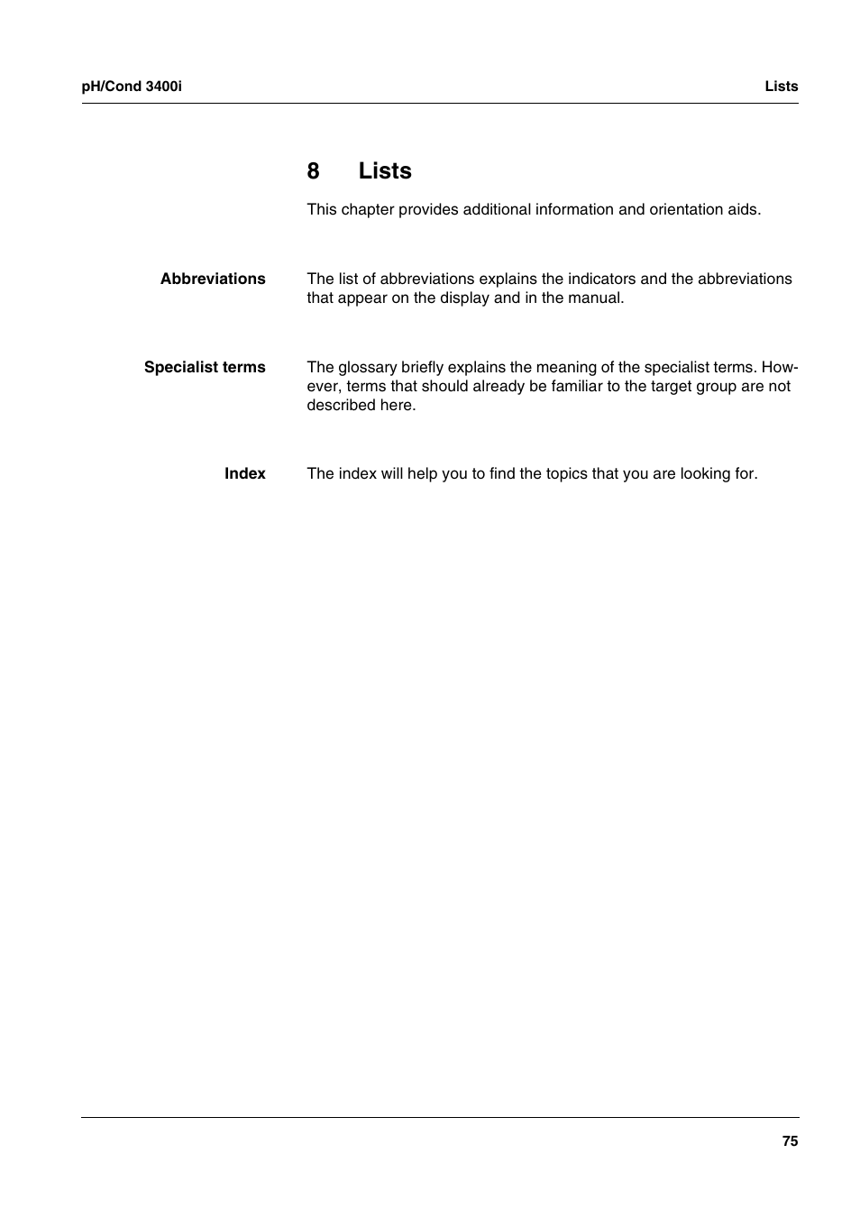 8 lists, Lists, 8lists | Xylem MULTI 3400i pH/Cond MULTI-PARAMETER METERS User Manual | Page 75 / 83