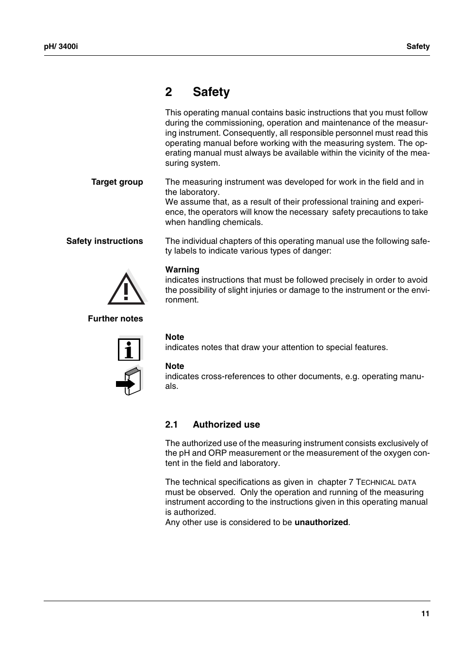 2 safety, 1 authorized use, Safety | Authorized use, 2safety | Xylem MULTI 3400i pH/Oxi MULTI-PARAMETER METERS User Manual | Page 11 / 79