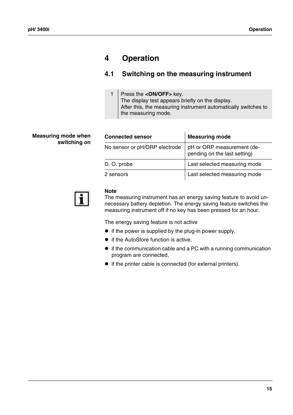 4 operation, 1 switching on the measuring instrument, Operation | Switching on the measuring instrument, 4operation | Xylem MULTI 3400i pH/Oxi MULTI-PARAMETER METERS User Manual | Page 15 / 79