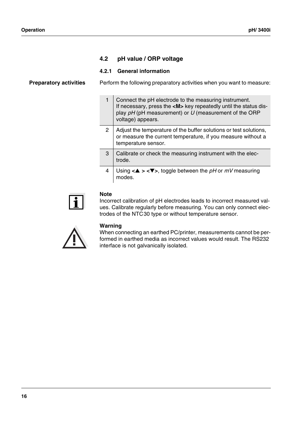 2 ph value / orp voltage, 1 general information, Ph value / orp voltage 4.2.1 | General information | Xylem MULTI 3400i pH/Oxi MULTI-PARAMETER METERS User Manual | Page 16 / 79