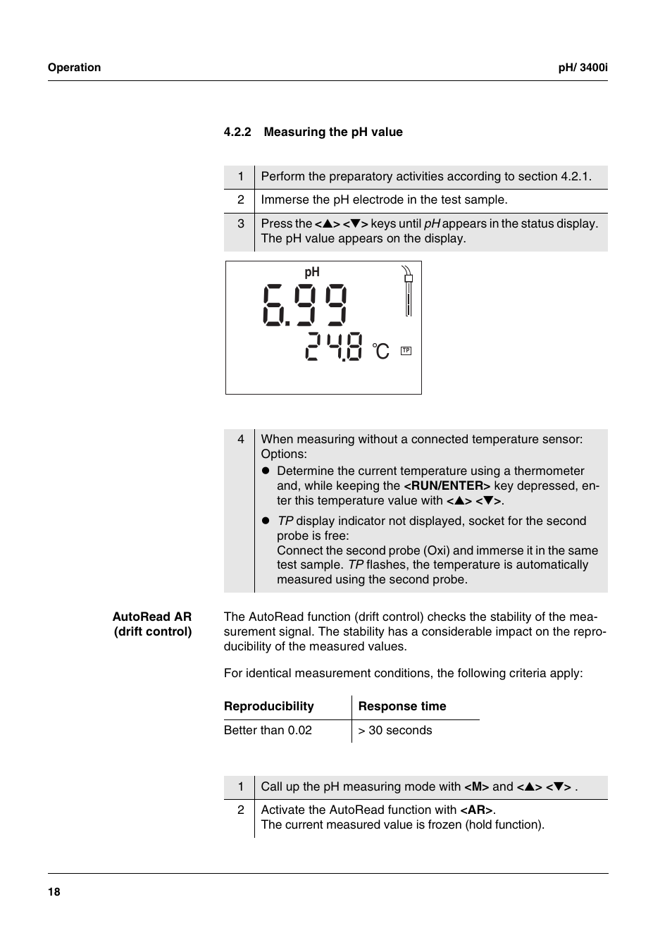 2 measuring the ph value, Measuring the ph value | Xylem MULTI 3400i pH/Oxi MULTI-PARAMETER METERS User Manual | Page 18 / 79