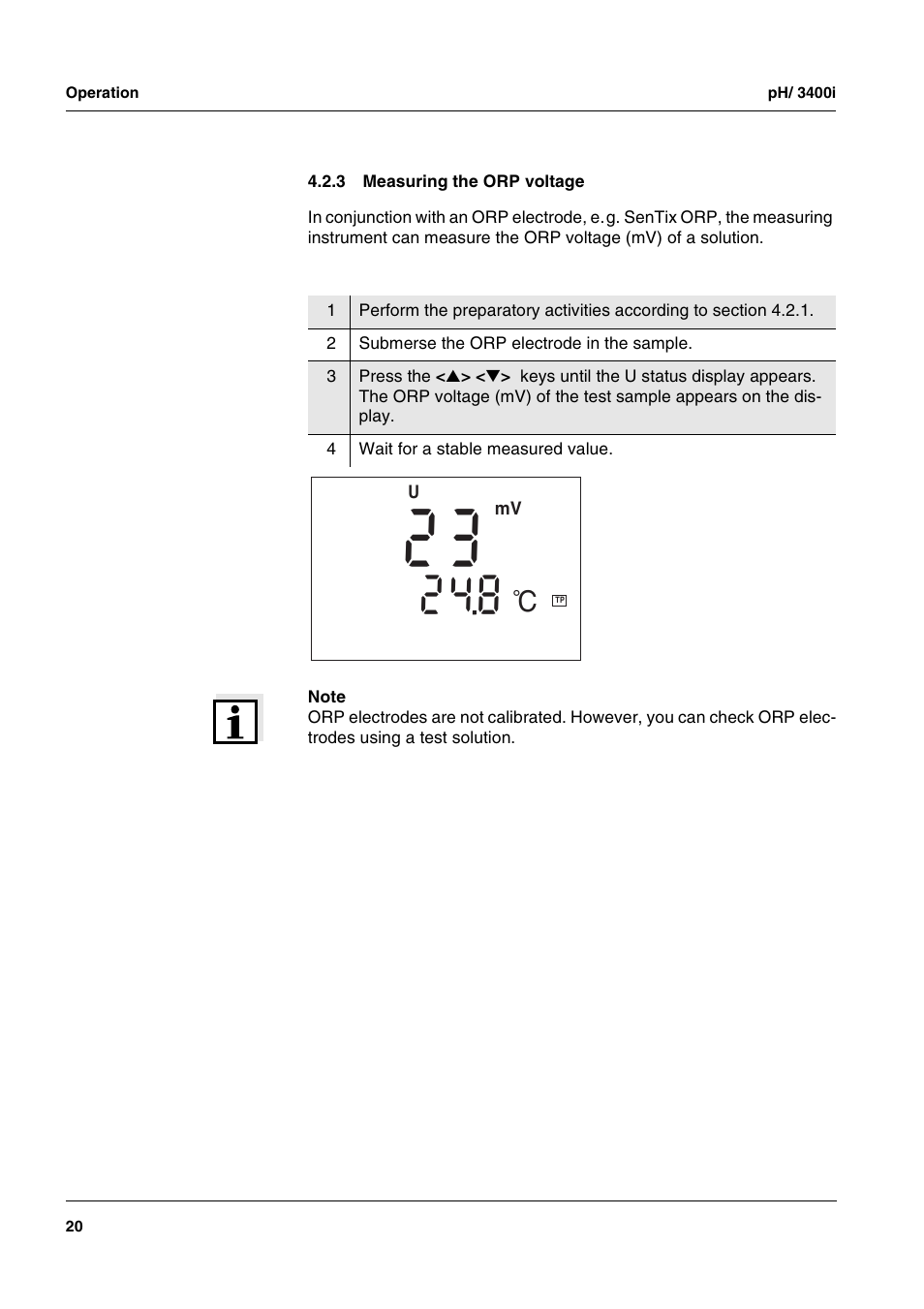 3 measuring the orp voltage, Measuring the orp voltage | Xylem MULTI 3400i pH/Oxi MULTI-PARAMETER METERS User Manual | Page 20 / 79