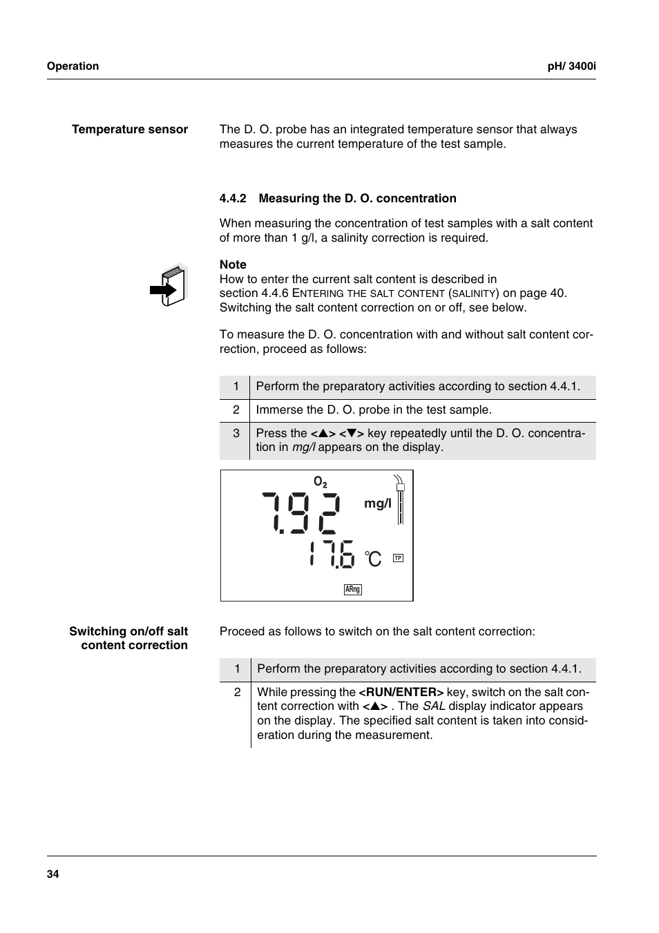 2 measuring the d. o. concentration, Measuring the d. o. concentration | Xylem MULTI 3400i pH/Oxi MULTI-PARAMETER METERS User Manual | Page 34 / 79