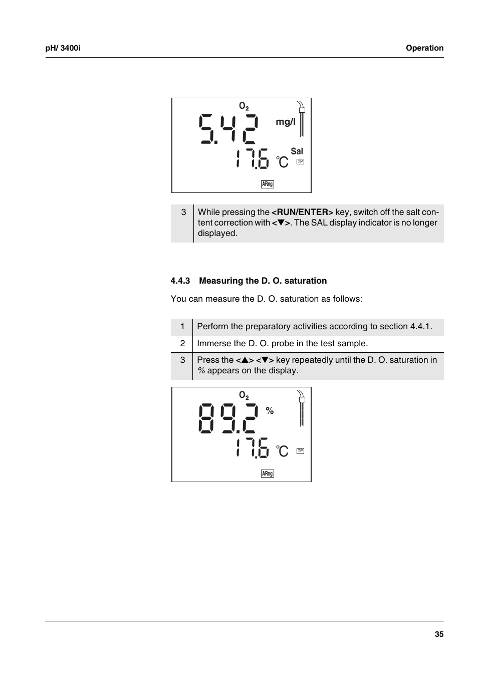 3 measuring the d. o. saturation, Measuring the d. o. saturation | Xylem MULTI 3400i pH/Oxi MULTI-PARAMETER METERS User Manual | Page 35 / 79