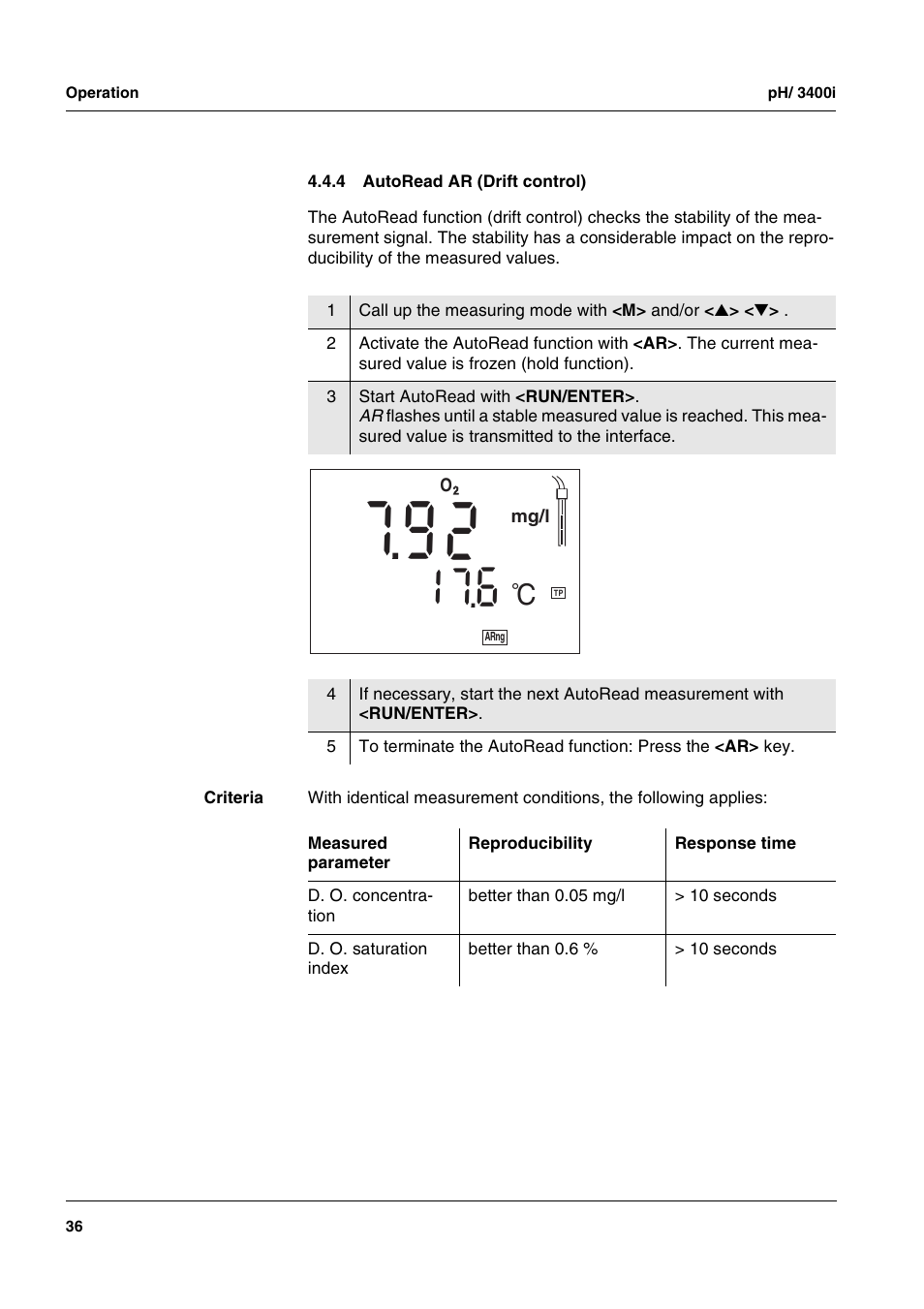 4 autoread ar (drift control), Autoread ar (drift control) | Xylem MULTI 3400i pH/Oxi MULTI-PARAMETER METERS User Manual | Page 36 / 79