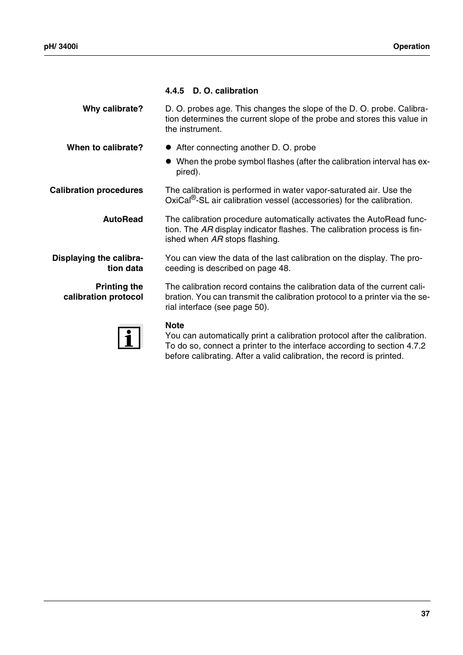 5 d. o. calibration, D. o. calibration | Xylem MULTI 3400i pH/Oxi MULTI-PARAMETER METERS User Manual | Page 37 / 79