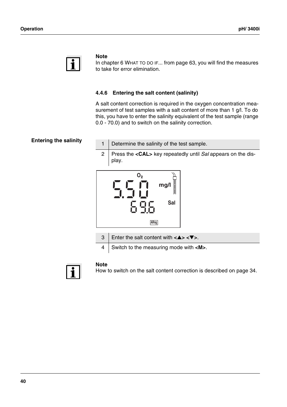 6 entering the salt content (salinity), Entering the salt content (salinity), Section 4.4.6 e | Ntering, Salt, Content, Salinity | Xylem MULTI 3400i pH/Oxi MULTI-PARAMETER METERS User Manual | Page 40 / 79