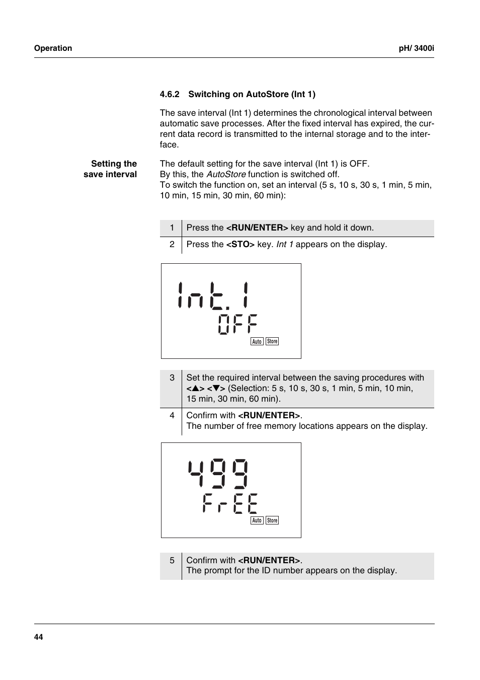 2 switching on autostore (int 1), Switching on autostore (int 1), T 1 n 1 | Xylem MULTI 3400i pH/Oxi MULTI-PARAMETER METERS User Manual | Page 44 / 79