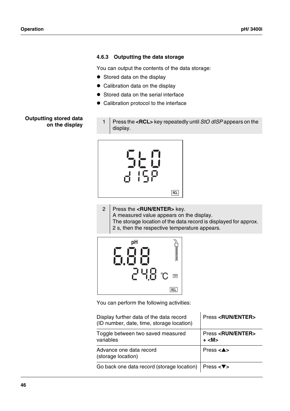 3 outputting the data storage, Outputting the data storage, Pi s | F °c | Xylem MULTI 3400i pH/Oxi MULTI-PARAMETER METERS User Manual | Page 46 / 79