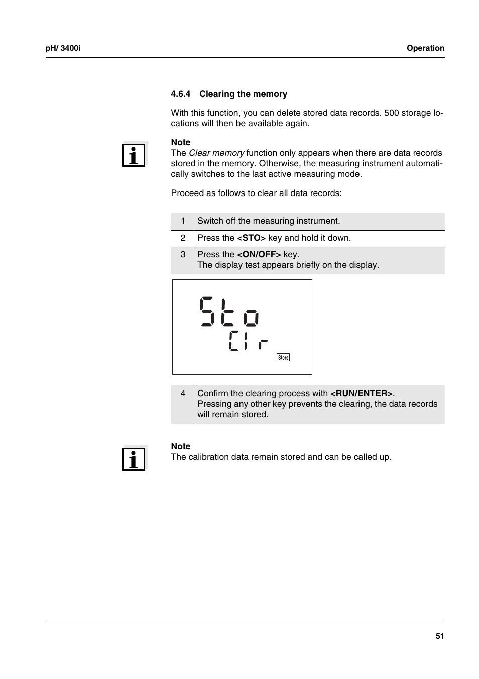 4 clearing the memory, Clearing the memory | Xylem MULTI 3400i pH/Oxi MULTI-PARAMETER METERS User Manual | Page 51 / 79