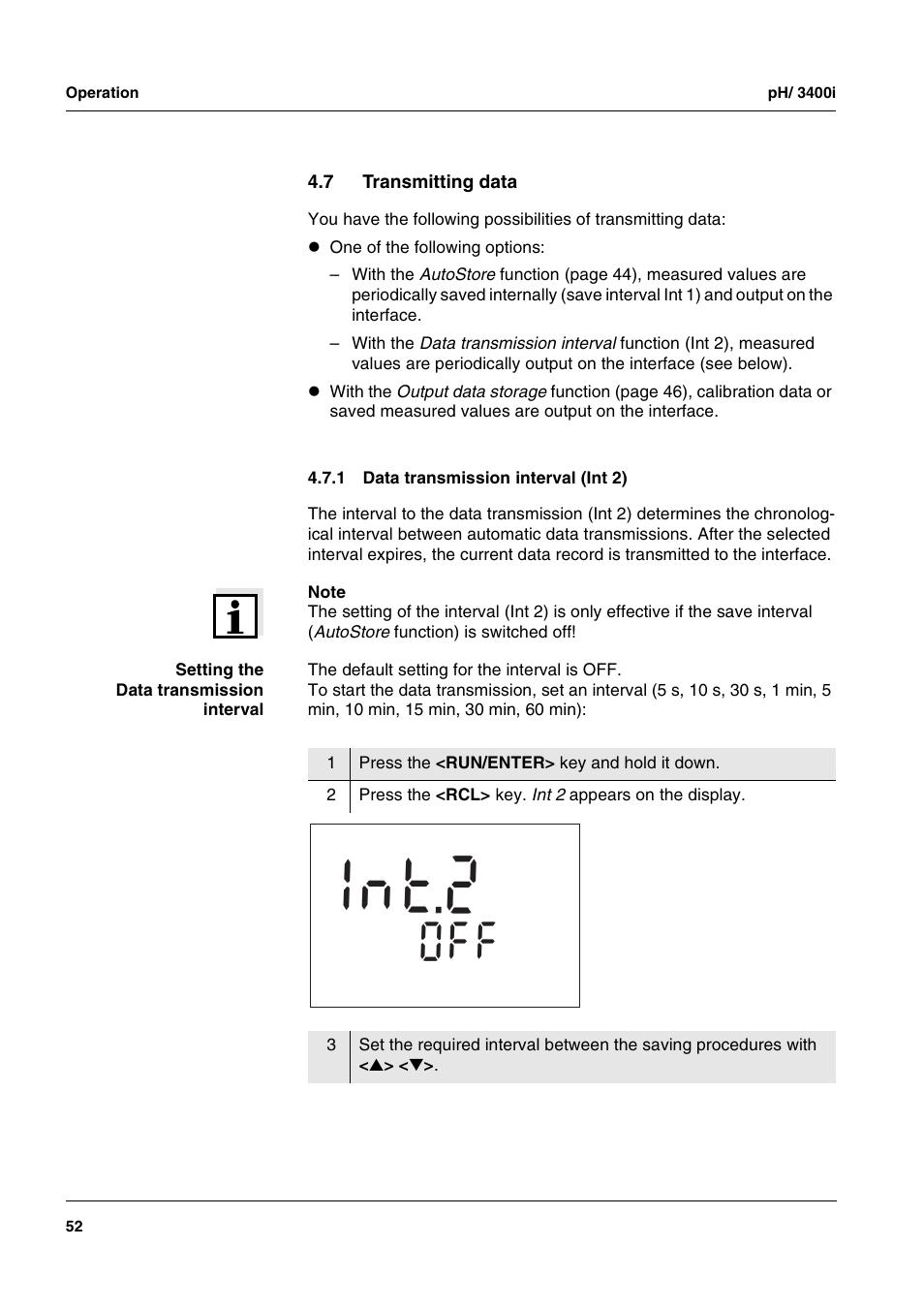 7 transmitting data, 1 data transmission interval (int 2), Transmitting data 4.7.1 | Data transmission interval (int 2), T 2 n 1 | Xylem MULTI 3400i pH/Oxi MULTI-PARAMETER METERS User Manual | Page 52 / 79