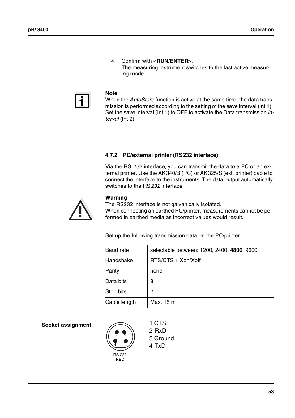 2 pc/external printer (rs232 interface), Pc/external printer (rs232 interface), Section 4.7.2 | Xylem MULTI 3400i pH/Oxi MULTI-PARAMETER METERS User Manual | Page 53 / 79