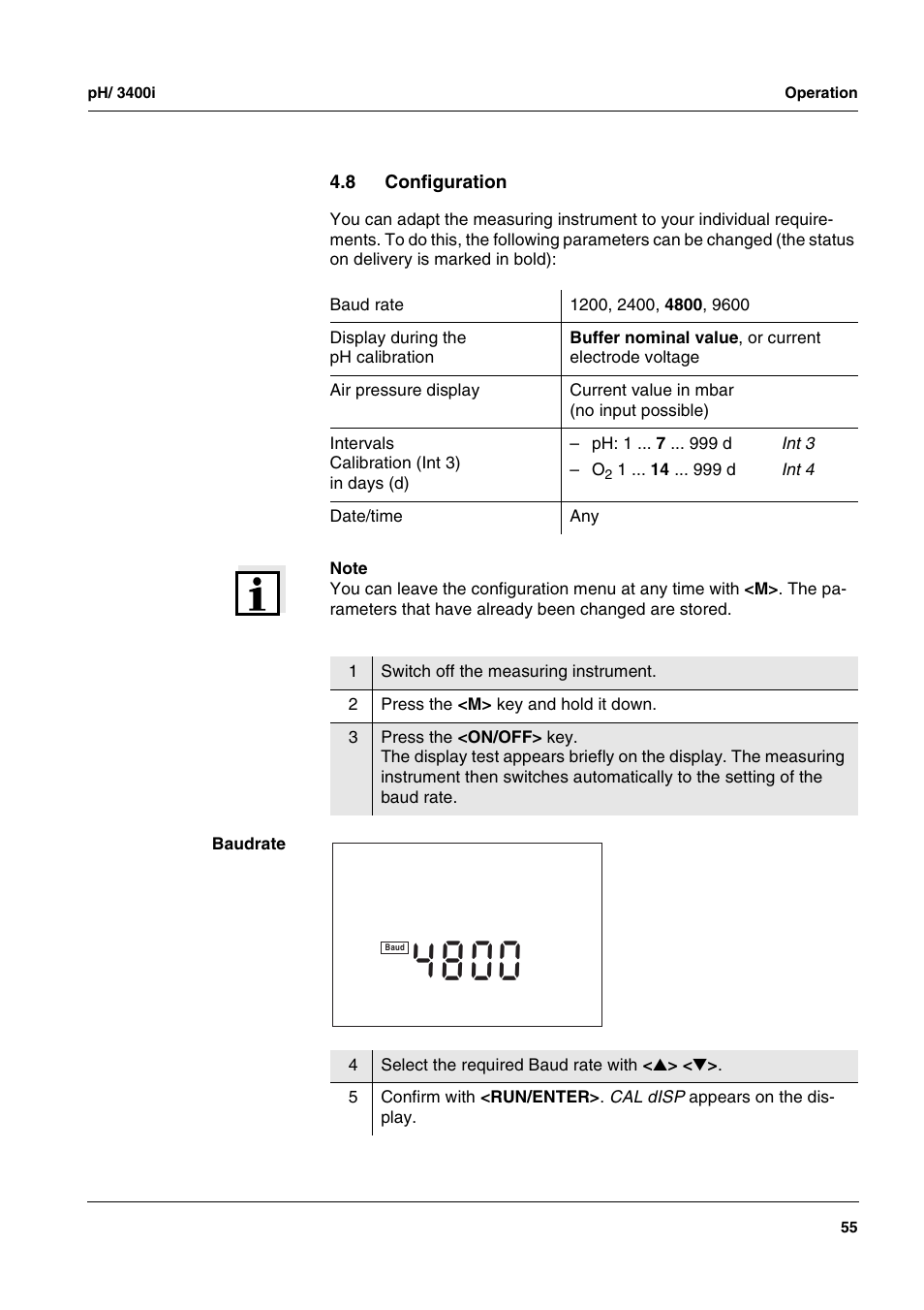 8 configuration, Configuration, Ee section 4.8 c | Onfiguration | Xylem MULTI 3400i pH/Oxi MULTI-PARAMETER METERS User Manual | Page 55 / 79