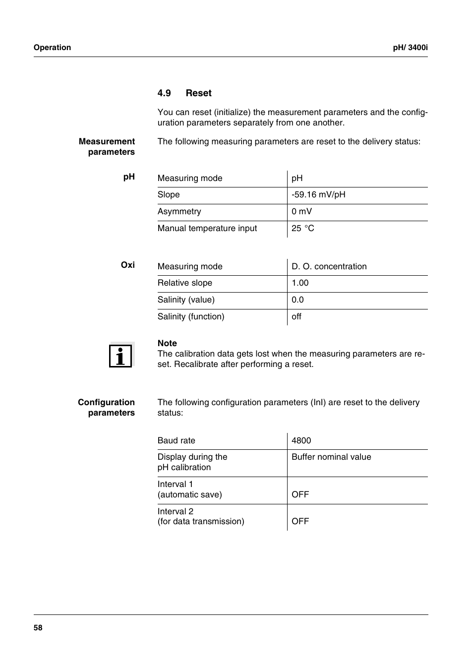 9 reset, Reset | Xylem MULTI 3400i pH/Oxi MULTI-PARAMETER METERS User Manual | Page 58 / 79