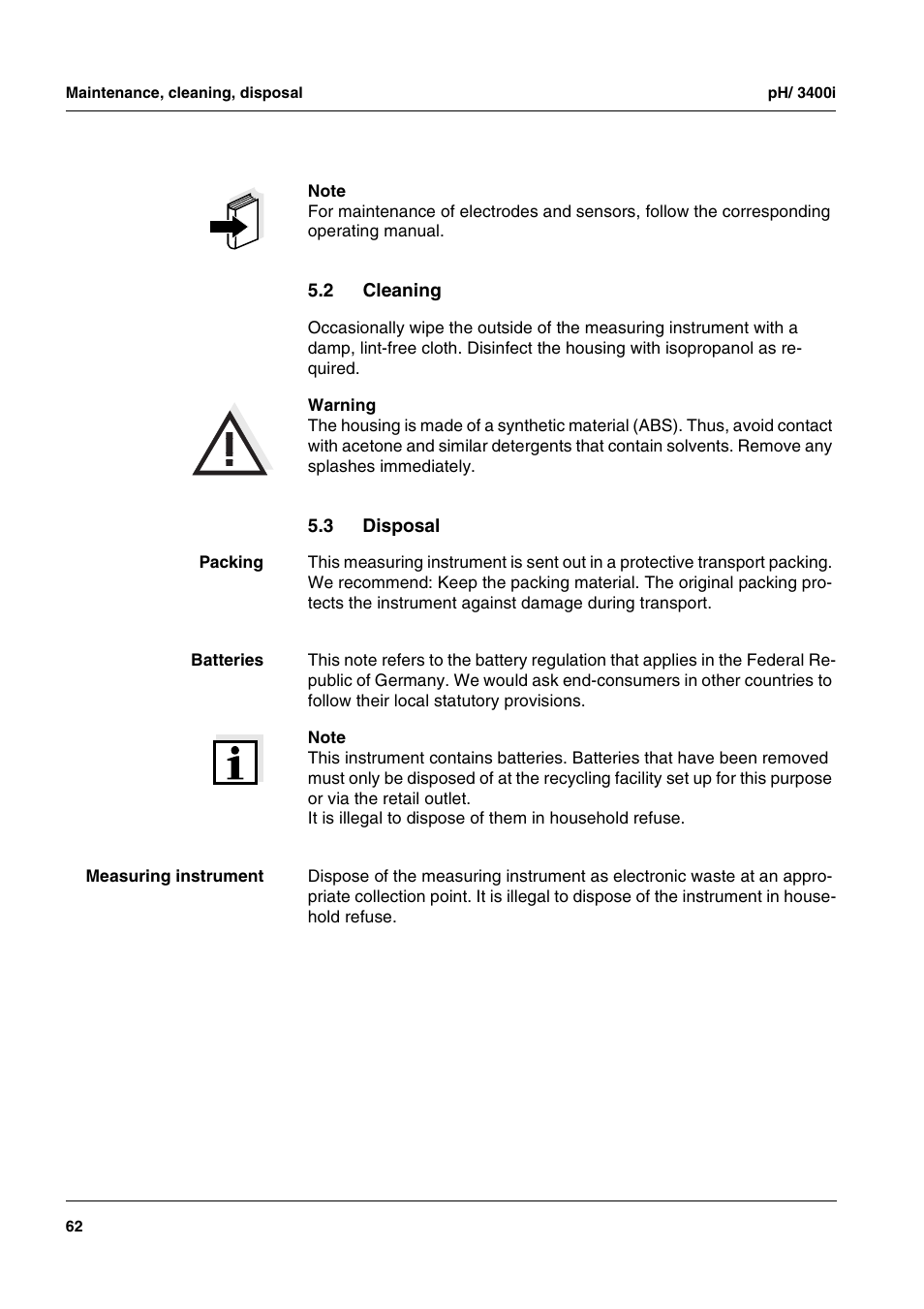 2 cleaning, 3 disposal, Cleaning | Disposal | Xylem MULTI 3400i pH/Oxi MULTI-PARAMETER METERS User Manual | Page 62 / 79
