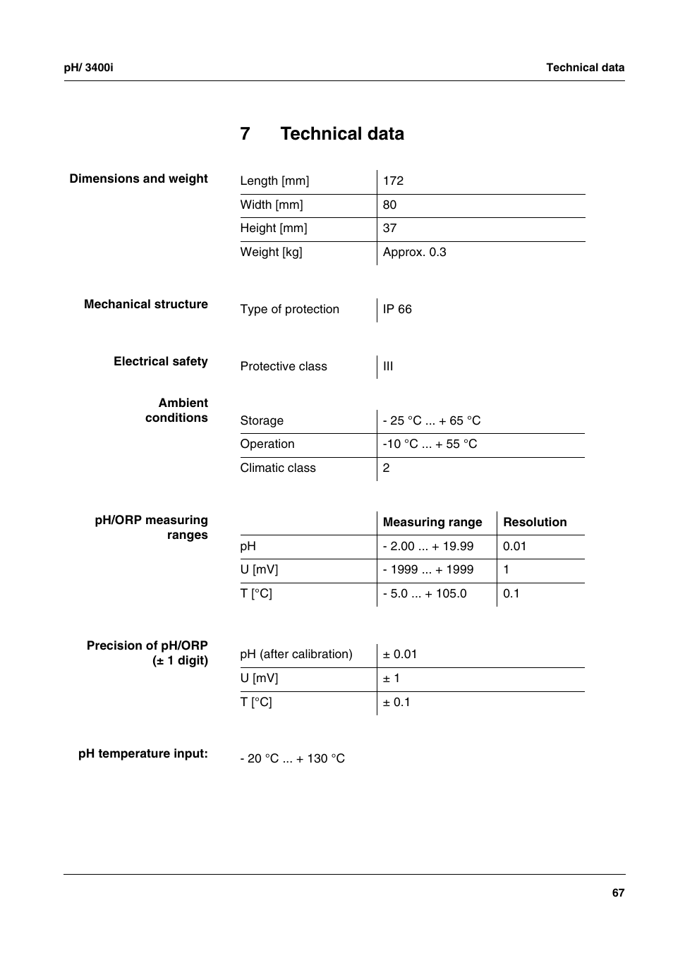 7 technical data, Technical data, Chapter 7 t | Echnical, Data, Ee chapter 7 t, 7technical data | Xylem MULTI 3400i pH/Oxi MULTI-PARAMETER METERS User Manual | Page 67 / 79
