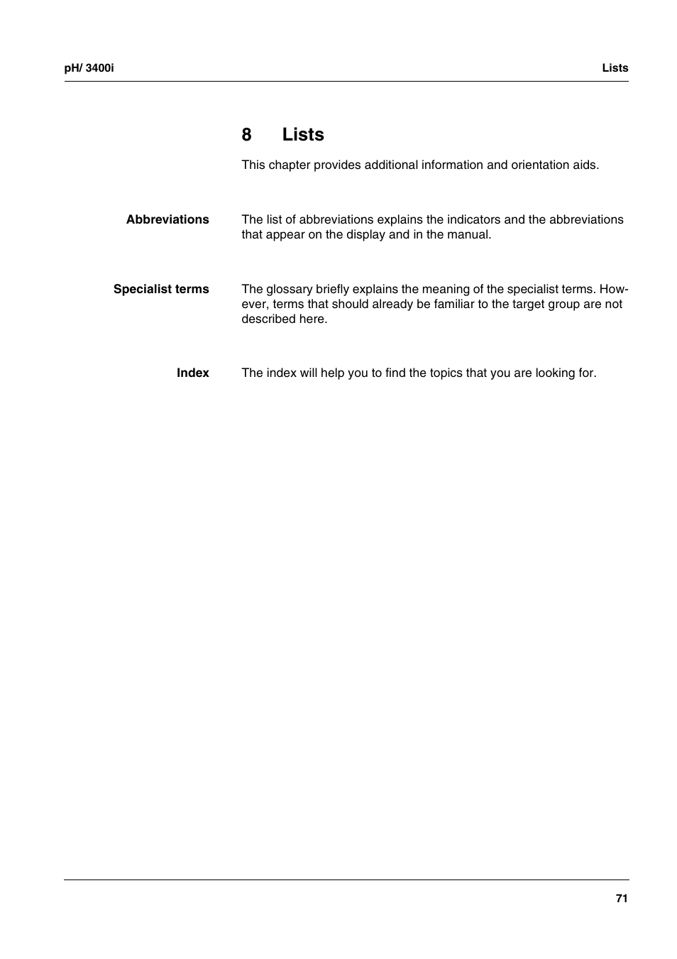 8 lists, Lists, 8lists | Xylem MULTI 3400i pH/Oxi MULTI-PARAMETER METERS User Manual | Page 71 / 79