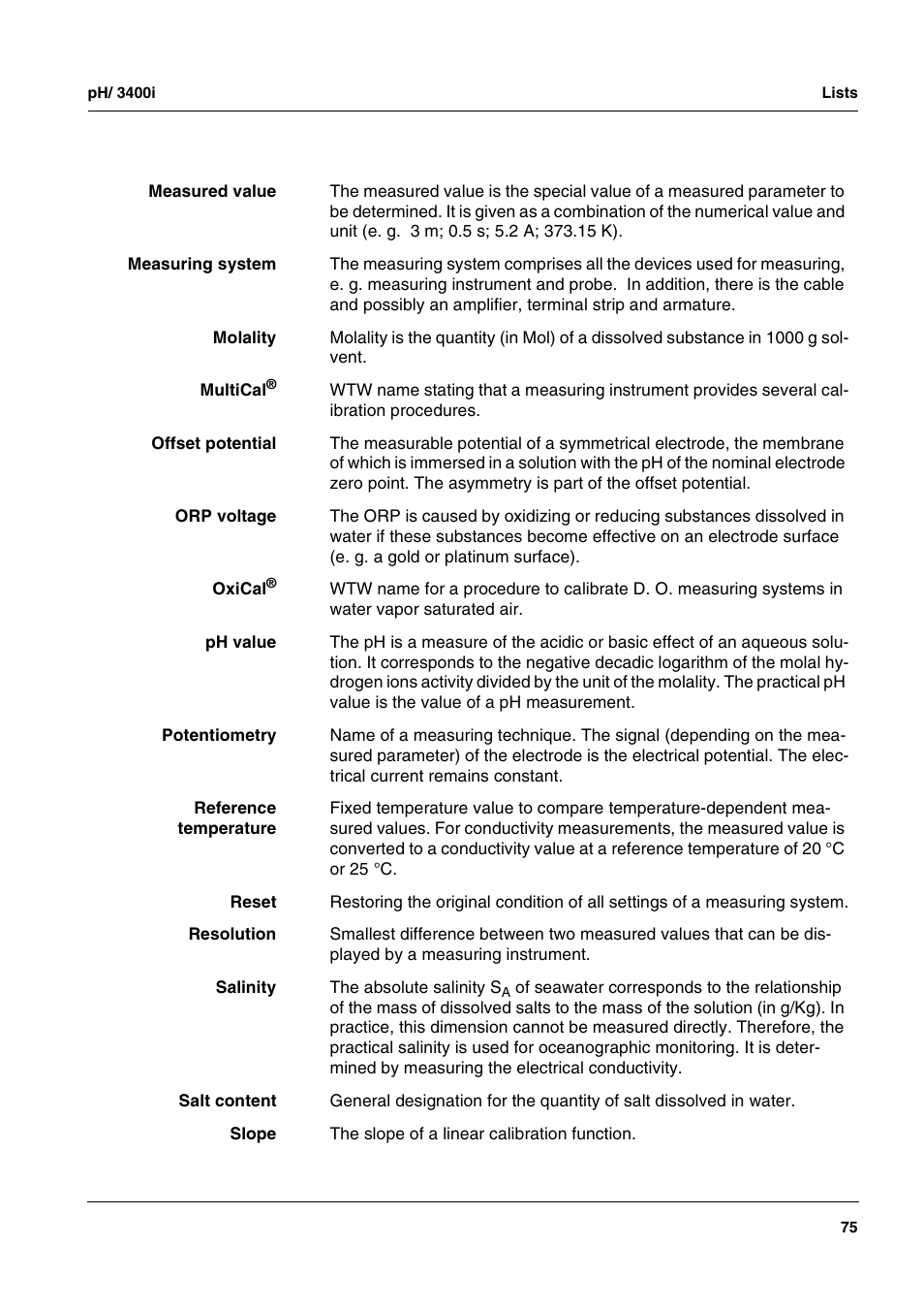 Xylem MULTI 3400i pH/Oxi MULTI-PARAMETER METERS User Manual | Page 75 / 79