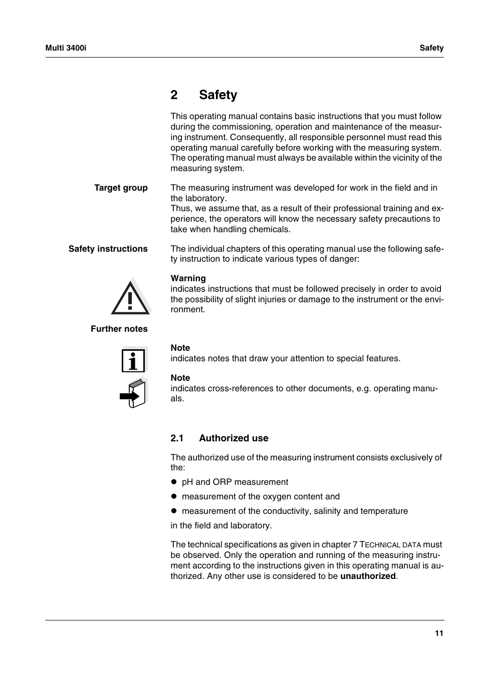 2 safety, 1 authorized use, Safety | Authorized use, 2safety | Xylem MULTI 3400 MULTI-PARAMETER METERS User Manual | Page 11 / 85