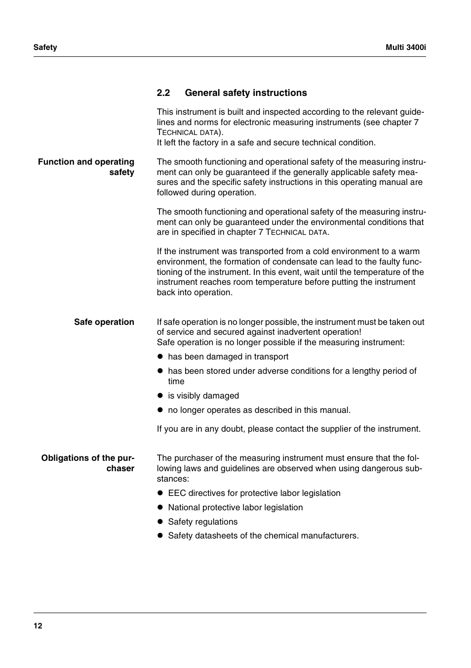 2 general safety instructions, General safety instructions | Xylem MULTI 3400 MULTI-PARAMETER METERS User Manual | Page 12 / 85