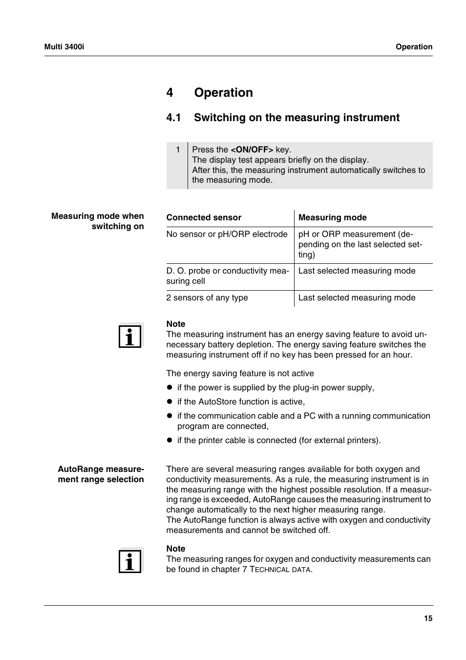 4 operation, 1 switching on the measuring instrument, Operation | Switching on the measuring instrument, 4operation | Xylem MULTI 3400 MULTI-PARAMETER METERS User Manual | Page 15 / 85