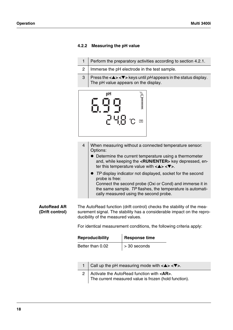 2 measuring the ph value, Measuring the ph value | Xylem MULTI 3400 MULTI-PARAMETER METERS User Manual | Page 18 / 85