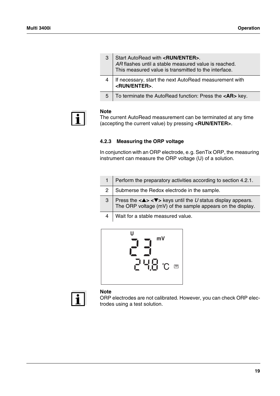 3 measuring the orp voltage, Measuring the orp voltage | Xylem MULTI 3400 MULTI-PARAMETER METERS User Manual | Page 19 / 85