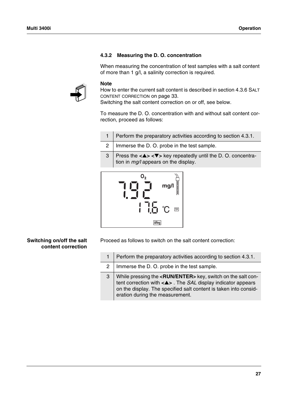 2 measuring the d. o. concentration, Measuring the d. o. concentration | Xylem MULTI 3400 MULTI-PARAMETER METERS User Manual | Page 27 / 85