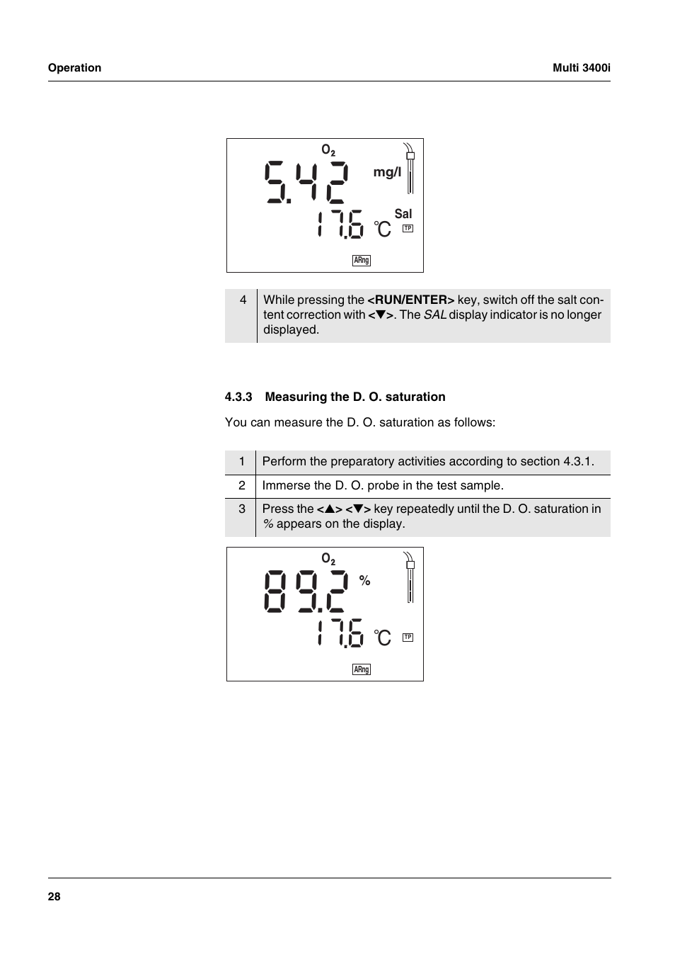 3 measuring the d. o. saturation, Measuring the d. o. saturation | Xylem MULTI 3400 MULTI-PARAMETER METERS User Manual | Page 28 / 85
