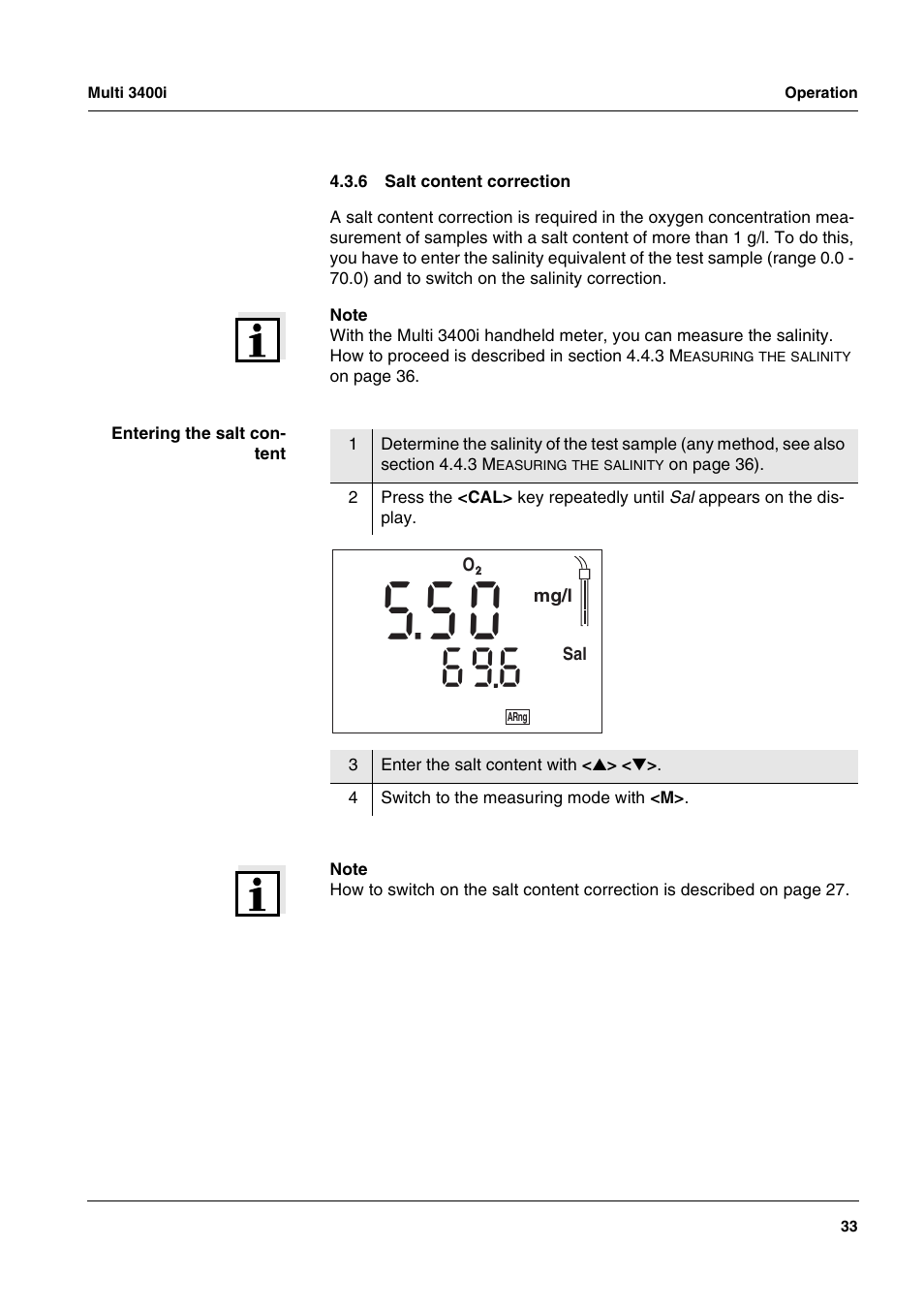 6 salt content correction, Salt content correction, Section 4.3.6 s | Content, Correction | Xylem MULTI 3400 MULTI-PARAMETER METERS User Manual | Page 33 / 85