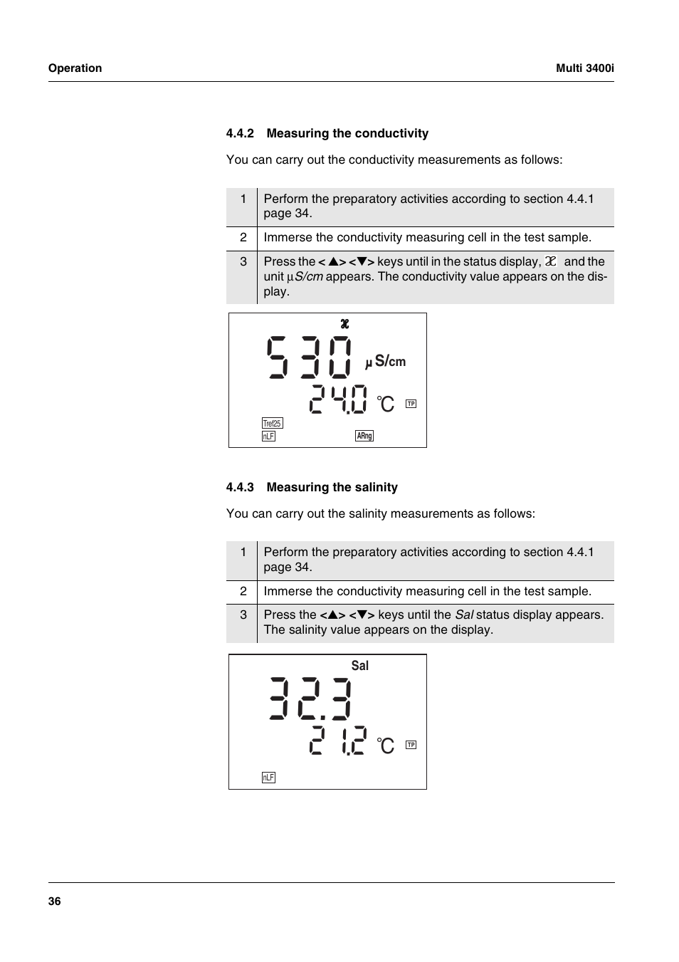 2 measuring the conductivity, 3 measuring the salinity, Measuring the conductivity | Measuring the salinity, Section 4.4.3 m, Easuring, Salinity | Xylem MULTI 3400 MULTI-PARAMETER METERS User Manual | Page 36 / 85