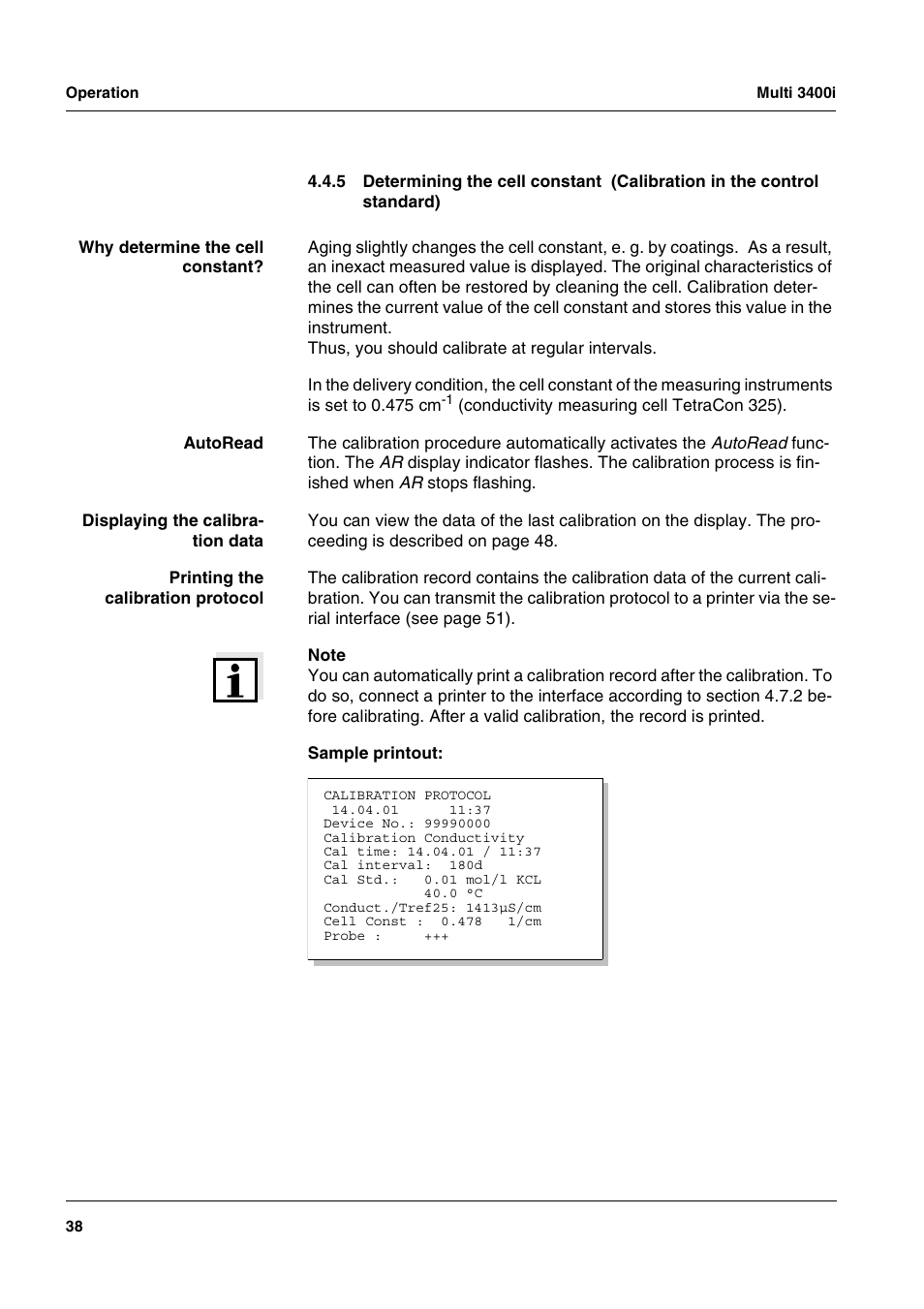 Section 4.4.5 d, Etermining, Cell | Constant, Alibration, Control, Standard | Xylem MULTI 3400 MULTI-PARAMETER METERS User Manual | Page 38 / 85