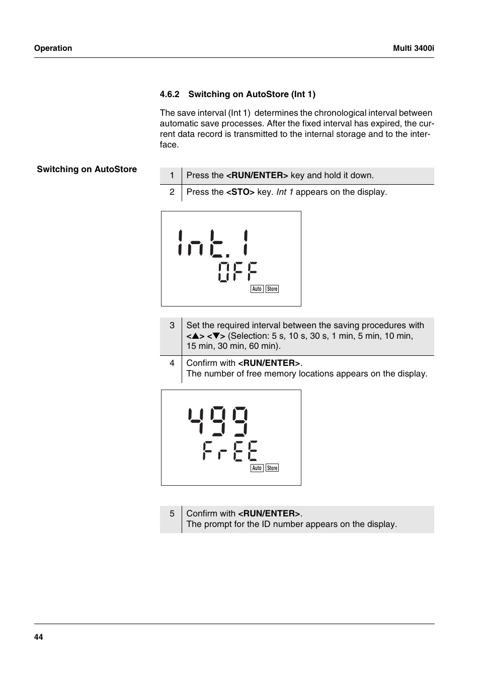 2 switching on autostore (int 1), Switching on autostore (int 1), T 1 n 1 | Xylem MULTI 3400 MULTI-PARAMETER METERS User Manual | Page 44 / 85