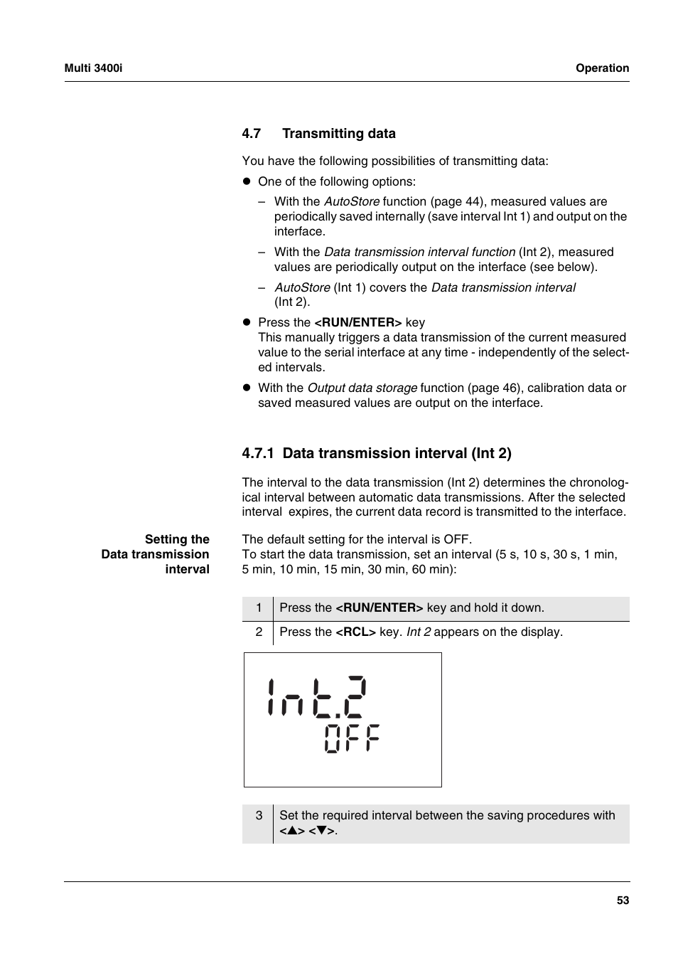 7 transmitting data, 1 data transmission interval (int 2), Transmitting data 4.7.1 | Data transmission interval (int 2), T 2 n 1 | Xylem MULTI 3400 MULTI-PARAMETER METERS User Manual | Page 53 / 85