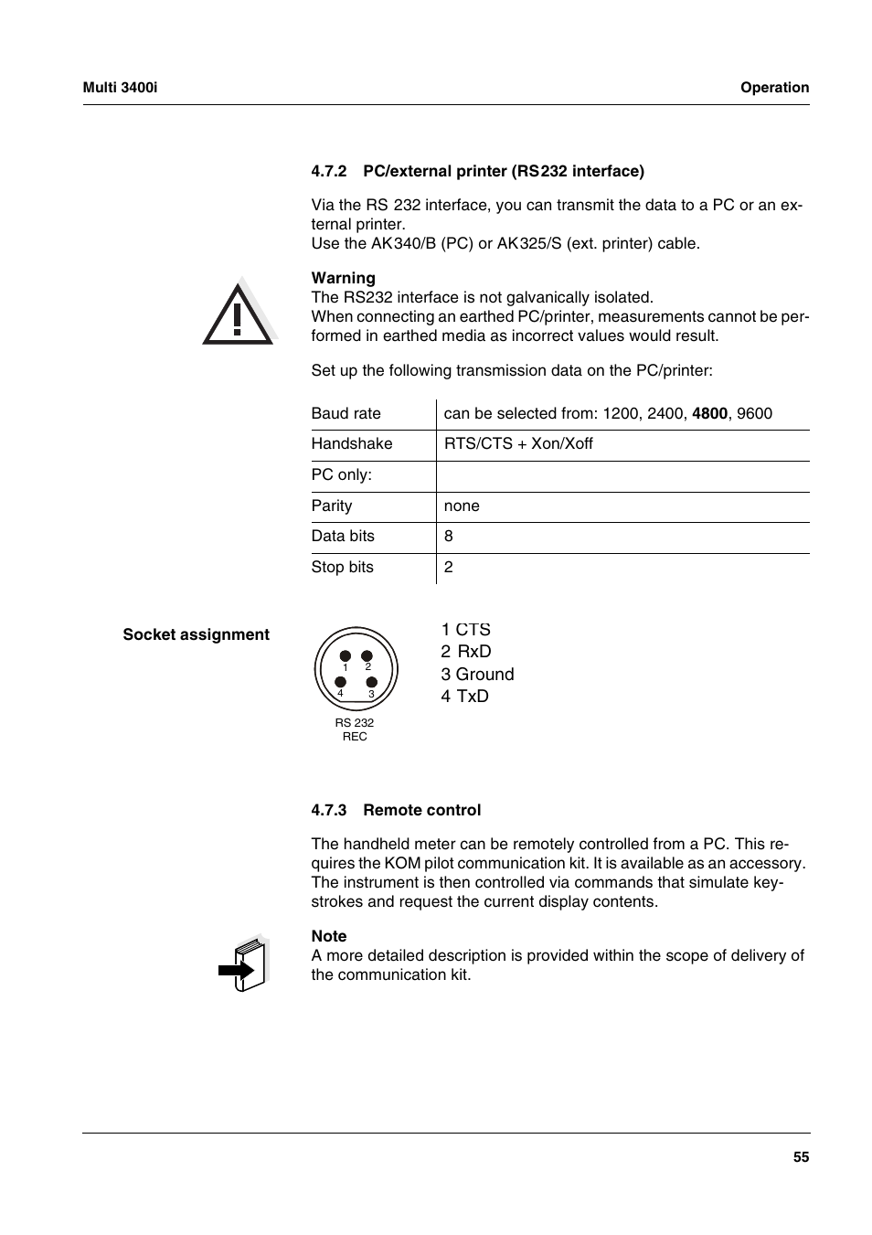 2 pc/external printer (rs232 interface), 3 remote control, Pc/external printer (rs232 interface) | Remote control, Section 4.7.2 be | Xylem MULTI 3400 MULTI-PARAMETER METERS User Manual | Page 55 / 85