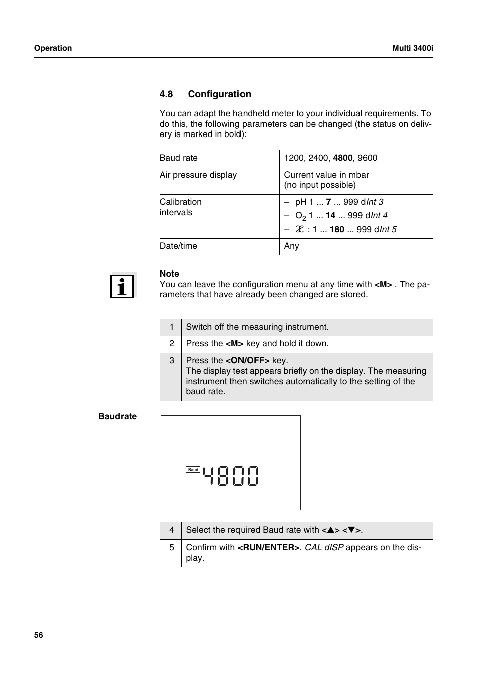 8 configuration, Configuration, Section 4.8 c | Onfiguration | Xylem MULTI 3400 MULTI-PARAMETER METERS User Manual | Page 56 / 85