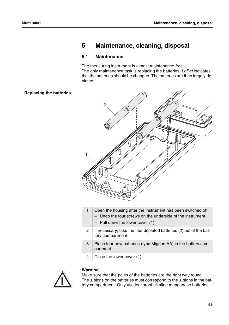 5 maintenance, cleaning, disposal, 1 maintenance, Maintenance, cleaning, disposal | Maintenance, 5maintenance, cleaning, disposal | Xylem MULTI 3400 MULTI-PARAMETER METERS User Manual | Page 63 / 85